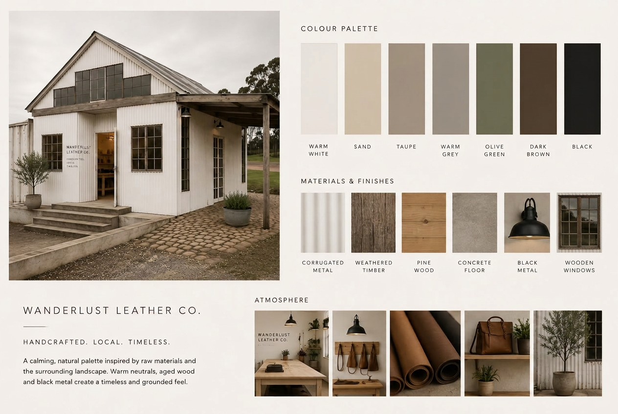 Wanderlust Leather Co. brand board: colour palette, materials, finishes and atmosphere