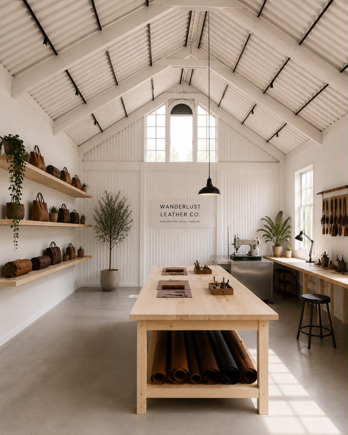 Vision render of the leather workshop and storefront inside The Barn